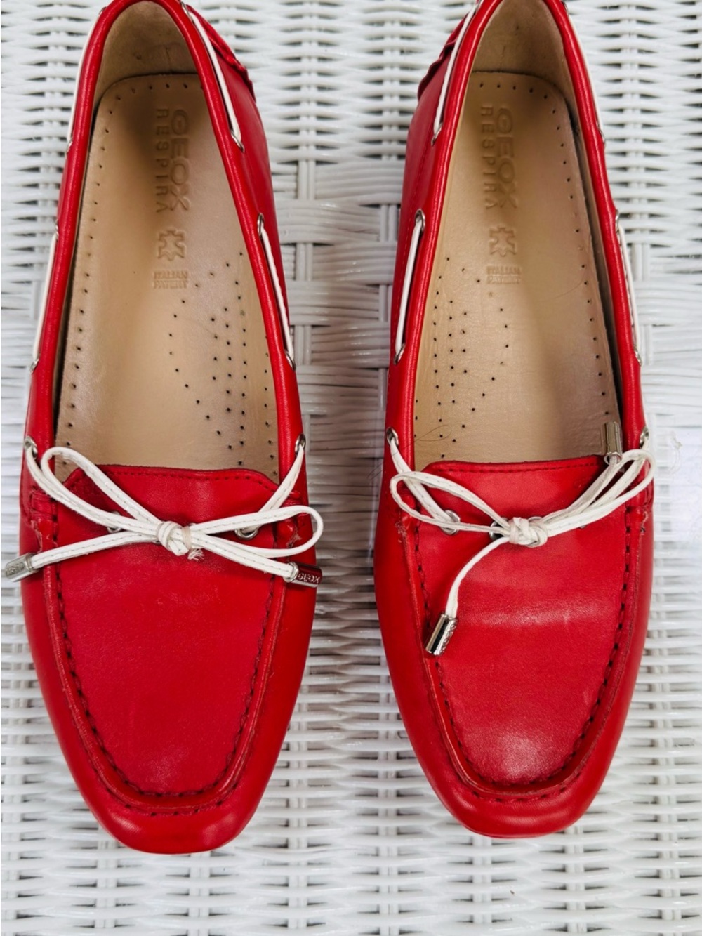 Geox Women’s Red Leather Moccasins with White Bow Accent